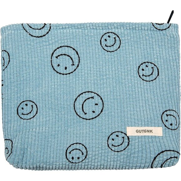 Corduroy Makeup Tote Blue Ladies Bag with Zipper Closure - Picture 1 of 8